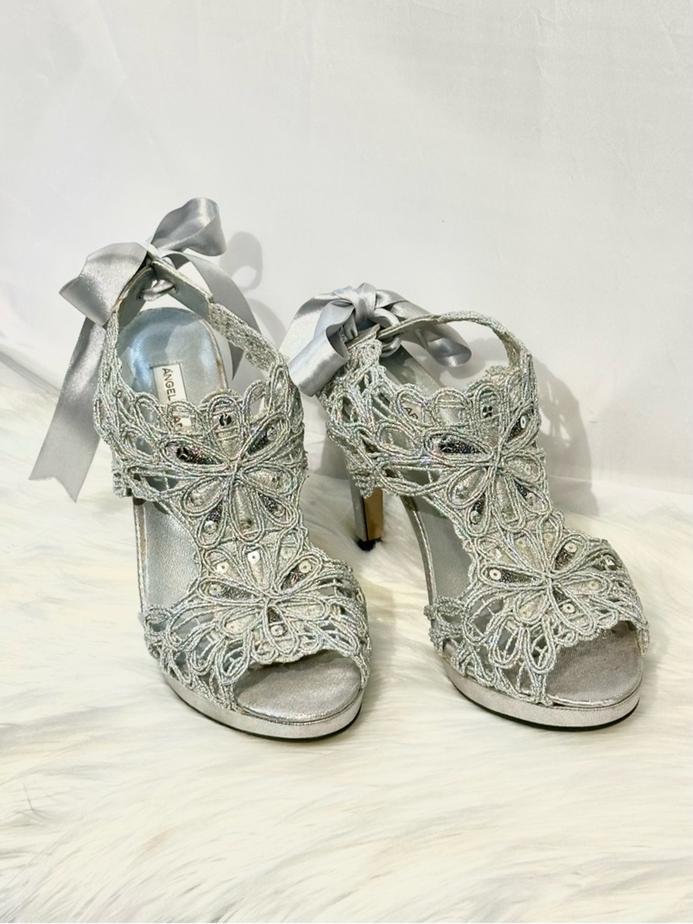 Angel Alarcón Silver Lace Floral High Heel Sandals with Satin Anklet